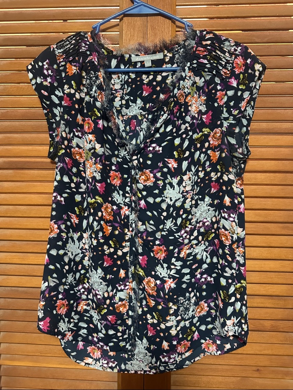 Daniel Rainn Black Floral V-Neck Cap Sleeve Blouse with Pink & Orange Accents